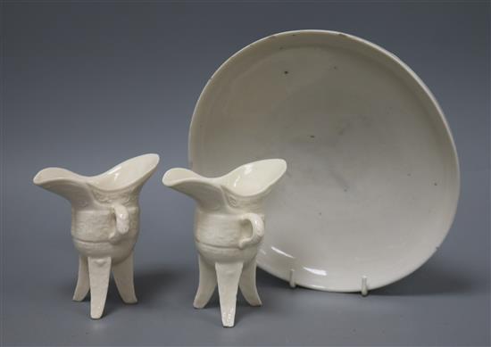 A 17th century Dehua blanc-de-chine dish and two Dehua archaistic vessels